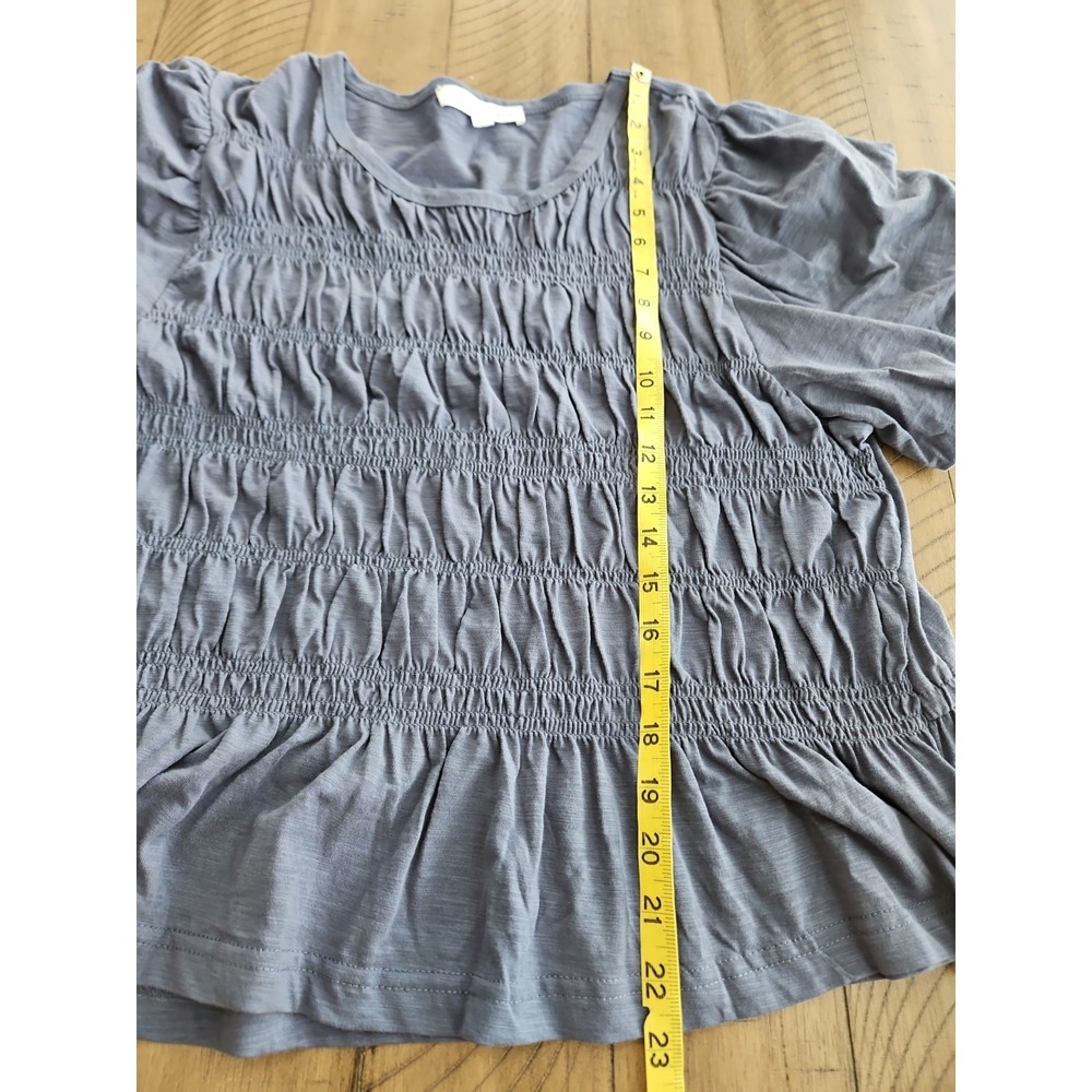 Jane + Delancey Blouse XL Blue Gray Puff Sleeve Smocked Cotton Coastal Boho Chic - Picture 13 of 14